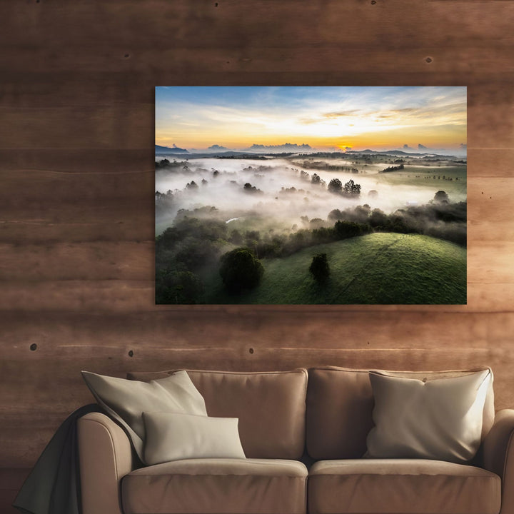 Campfire Smells and Fog Blankets – Misty Atherton Tablelands aerial landscape with fog blankets over forest | Stretched Canvas Print