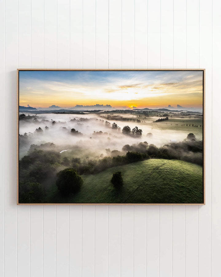 Framed print of Campfire Smells and Fog Blankets: a foggy morning sunrise over the grassy hills of Atherton Tablelands.
