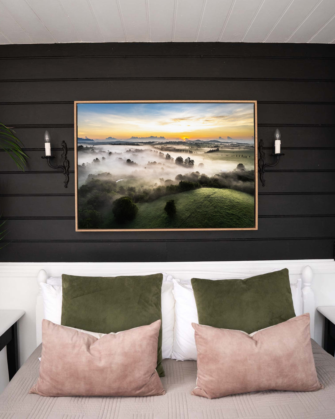 Campfire Smells and Fog Blankets – Atherton Tablelands, Aerial Photography by David Lloyd, framed canvas print in oak float frame, styled in a bedroom setting