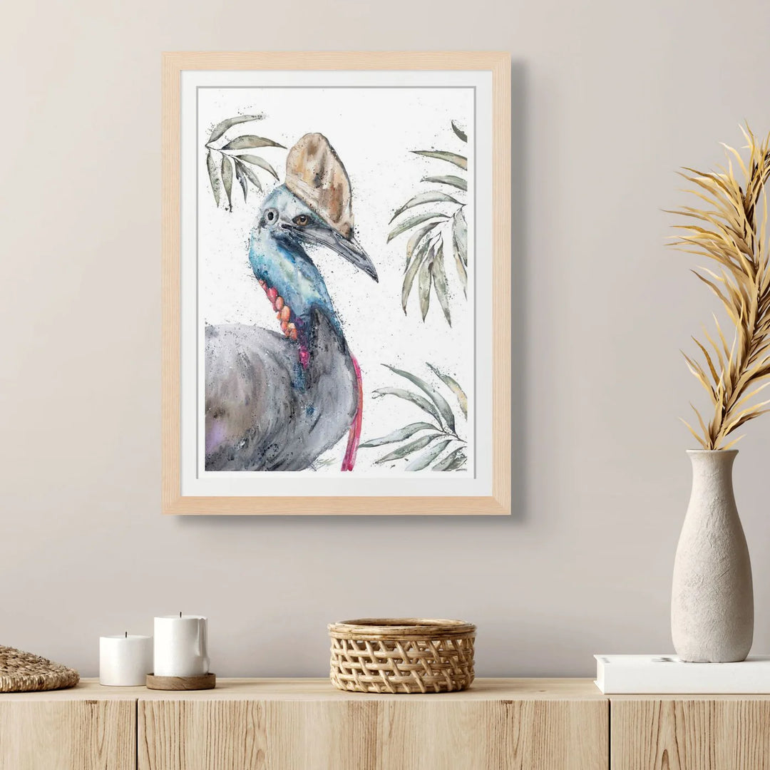 Cassowary Calamity by Stephanie Elizabeth – framed paper print of cassowary painting, fine art Australian bird print