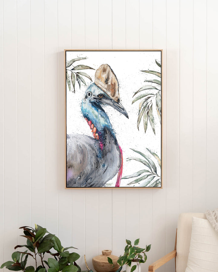 Cassowary Calamity cassowary fine art print by Stephanie Elizabeth, framed canvas in an oak frame in a hallway