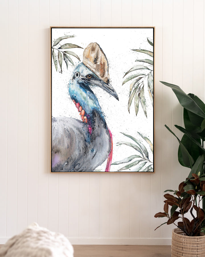 Cassowary Calamity cassowary fine art print by Stephanie Elizabeth, framed canvas in an oak frame in a living room