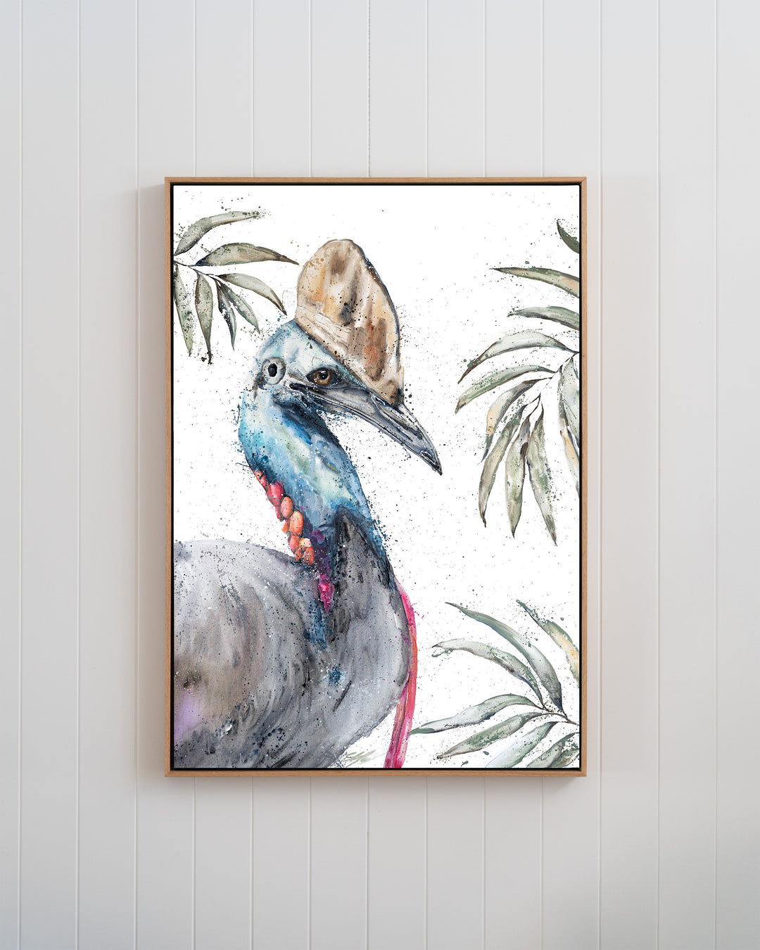 Cassowary Calamity cassowary fine art print by Stephanie Elizabeth, framed canvas in an oak frame
