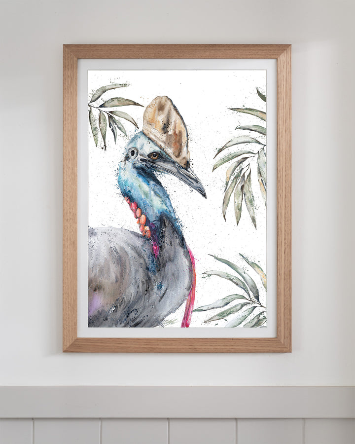 Cassowary Calamity cassowary fine art print by Stephanie Elizabeth, framed paper print in an oak frame