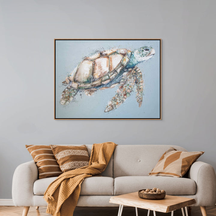 Changing Tides – Original acrylic painting on canvas of a green sea turtle with a subtle yellow wash on its shell, swimming in blue water | Framed Canvas Original