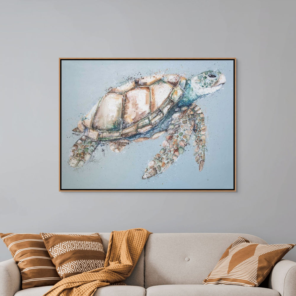 Changing Tides – Original acrylic painting on canvas of a green sea turtle with a subtle yellow wash on its shell, swimming in blue water | Framed Canvas Original close up