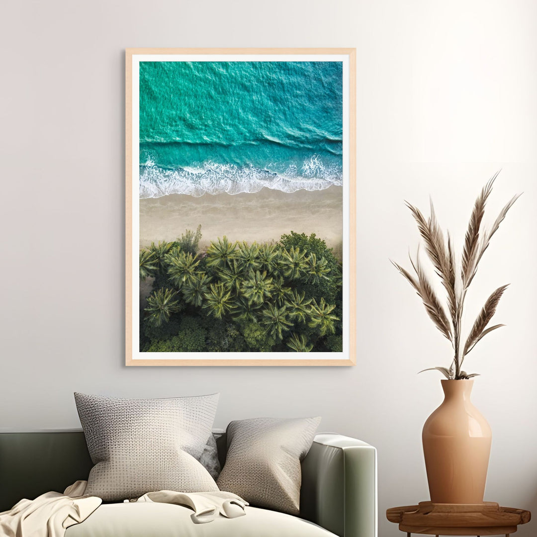 City of Palms by David Lloyd – framed paper print, aerial portrait view over palm trees into teal waters at Port Douglas, fine art landscape photographic print