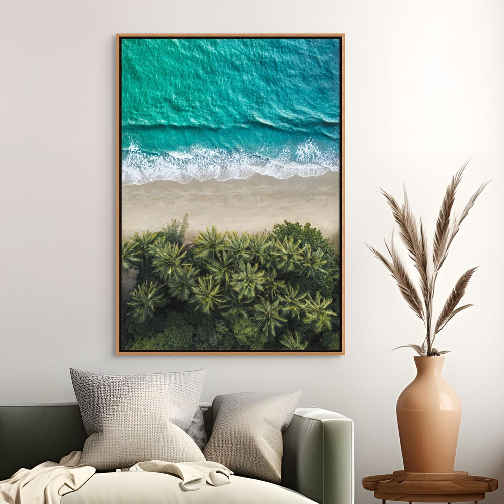 City of Palms by David Lloyd – shadow box canvas print, aerial portrait top-down view of palms and teal sea at Port Douglas