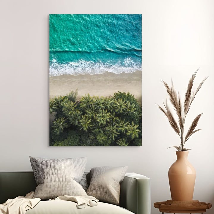 City of Palms by David Lloyd – stretched canvas print, aerial portrait landscape of Port Douglas coastline with teal waters