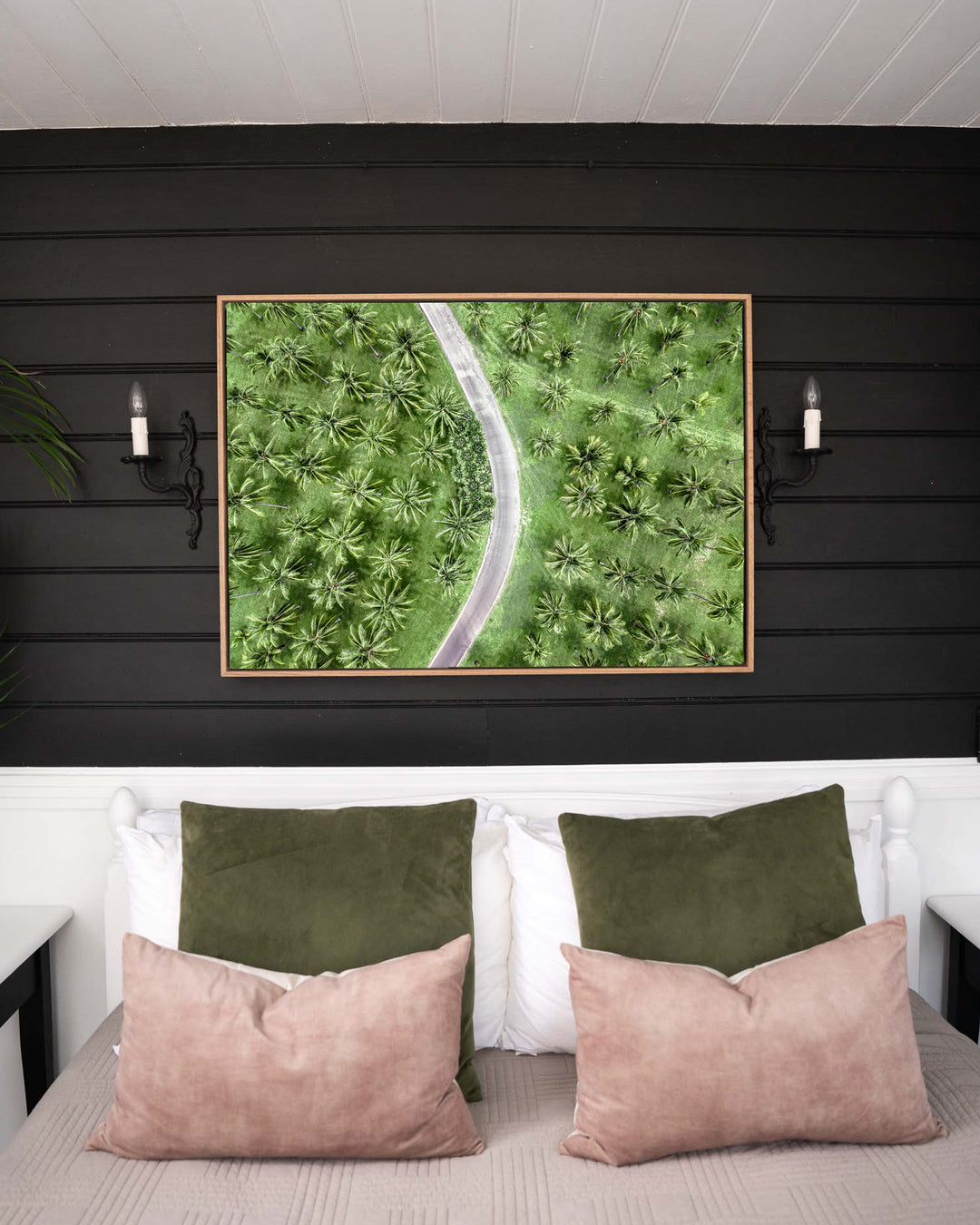 Coconut Coast – Thala Beach, Aerial Photography by David Lloyd, framed canvas print in oak float frame, styled in a bedroom setting