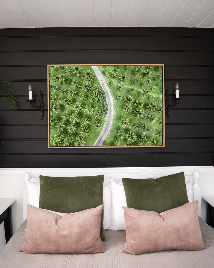 Coconut Coast – Thala Beach, Aerial Photography by David Lloyd, framed canvas print in oak float frame, styled in a bedroom setting