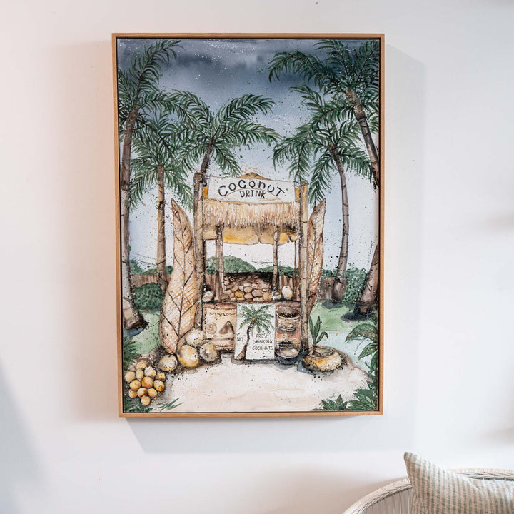 Coconut Hut by Stephanie Elizabeth—acrylic artwork of a tropical drink stand and palm trees on a sandy beach.