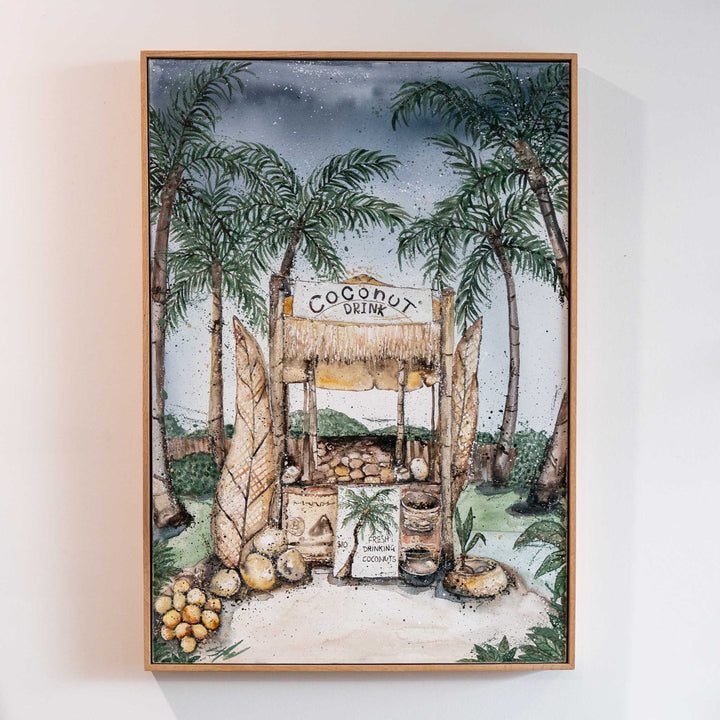Coconut Hut by Stephanie Elizabeth: framed acrylic painting of a coconut drink stand with palm trees.