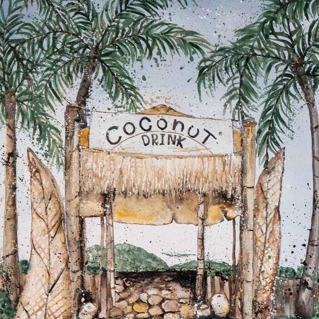 Coconut Hut by Stephanie Elizabeth, acrylic on canvas with a coconut stand and palm trees in a tropical setting.