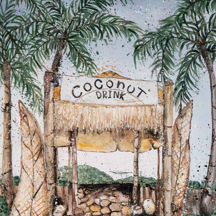 Coconut Hut by Stephanie Elizabeth, acrylic on canvas with a coconut stand and palm trees in a tropical setting.