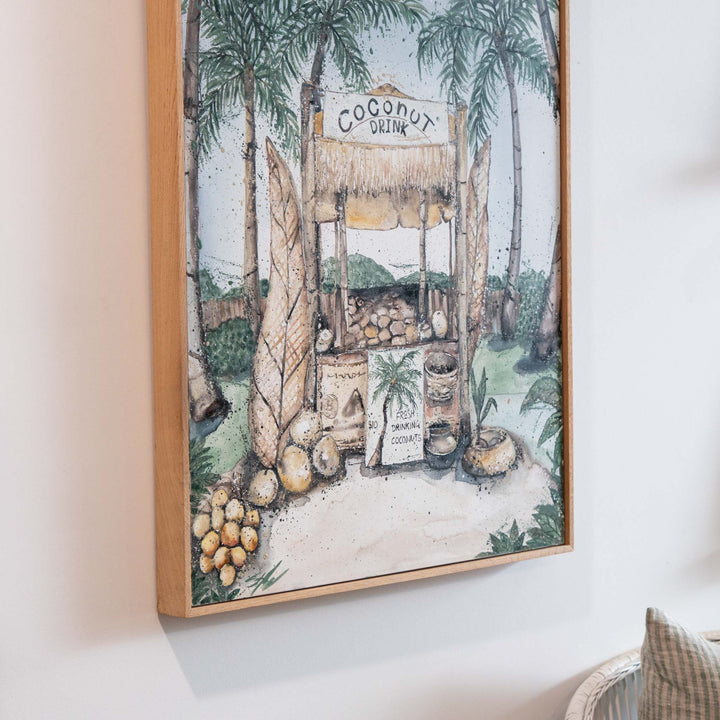 Coconut Hut by Stephanie Elizabeth, acrylic painting showing a tropical drink stand beneath palm trees on canvas.
