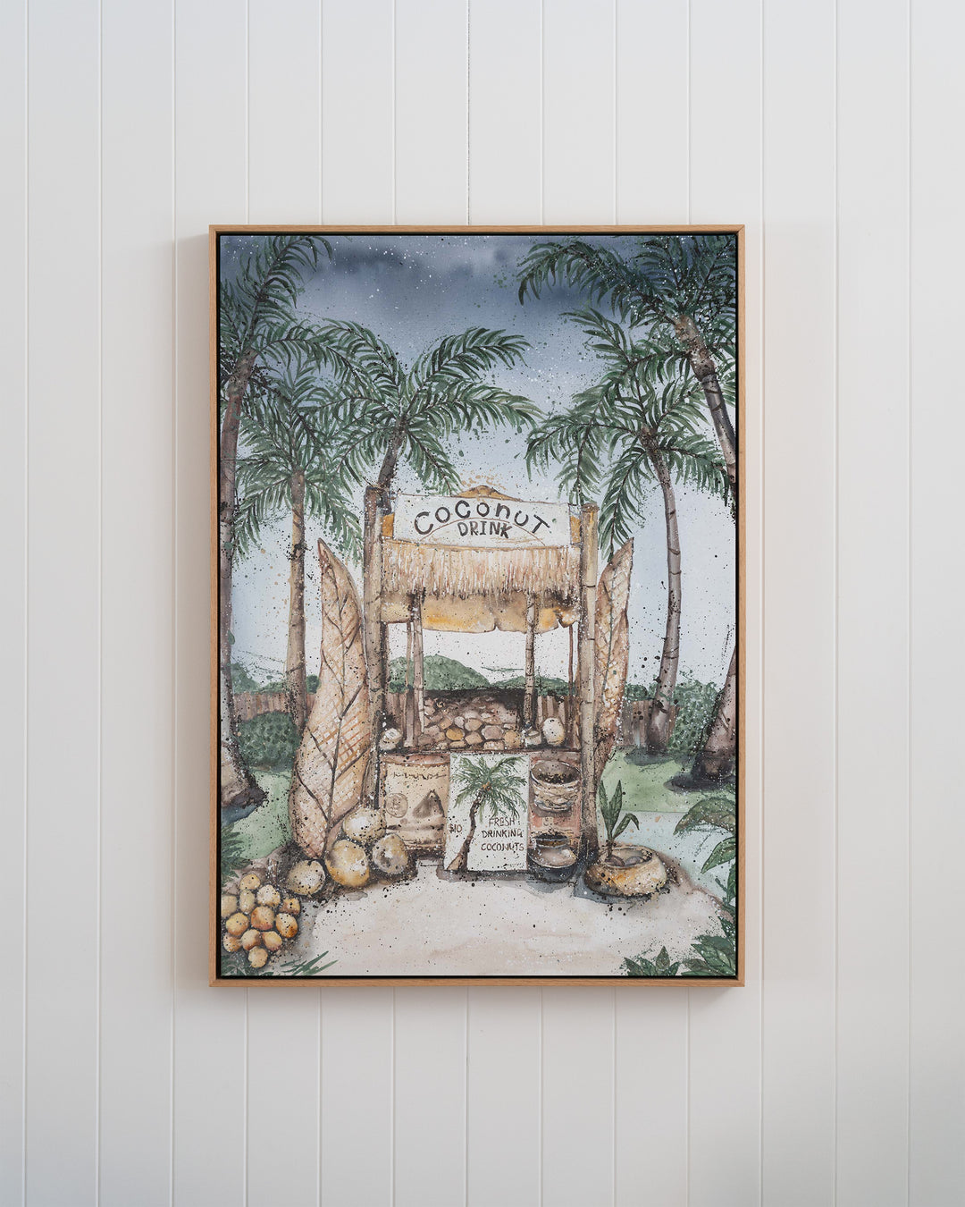 Coconut Hut tropical still life fine art print by Stephanie Elizabeth, framed canvas in an oak frame