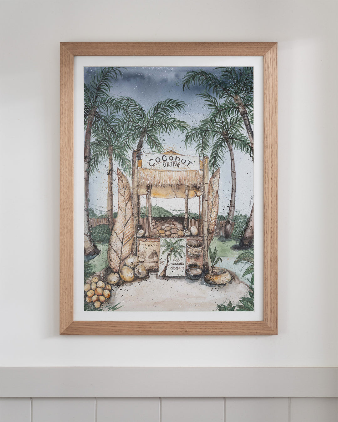 Coconut Hut tropical still life fine art print by Stephanie Elizabeth, framed paper print in an oak frame