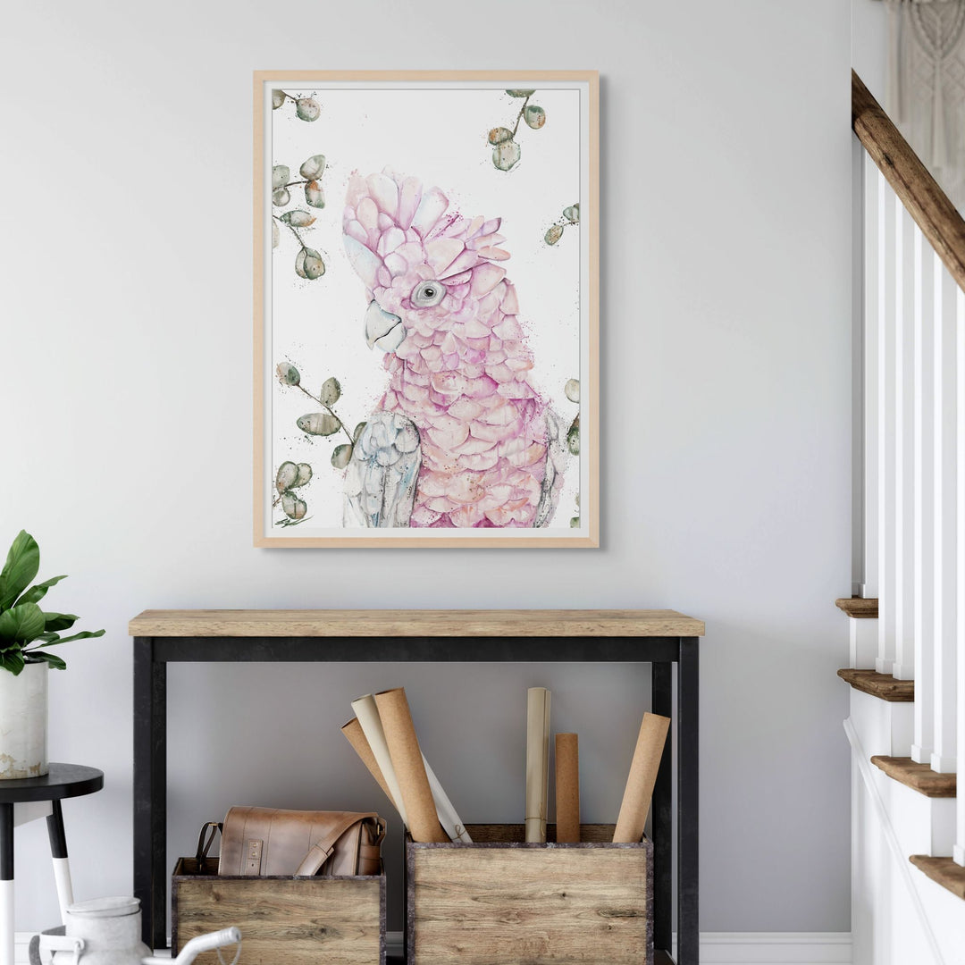 Coconut Ice by Stephanie Elizabeth – framed paper print of pink galah, fine art Australian bird print