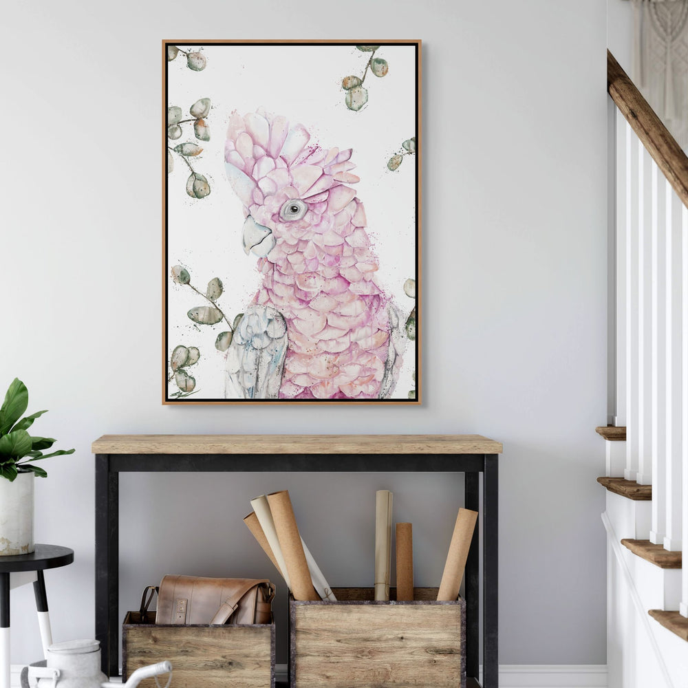 Coconut Ice by Stephanie Elizabeth – shadow box canvas print featuring pink galah perched, Australian birdlife fine art artwork