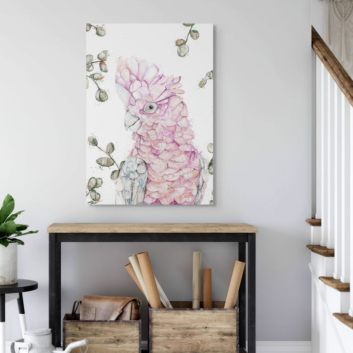 Coconut Ice by Stephanie Elizabeth – stretched canvas print of pink galah, fine art bird print