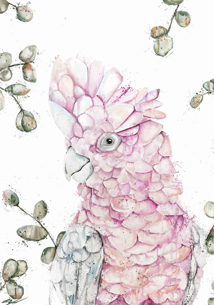 Coconut Ice by Stephanie Elizabeth – unframed rolled paper print of pink galah, Australian bird fine art print