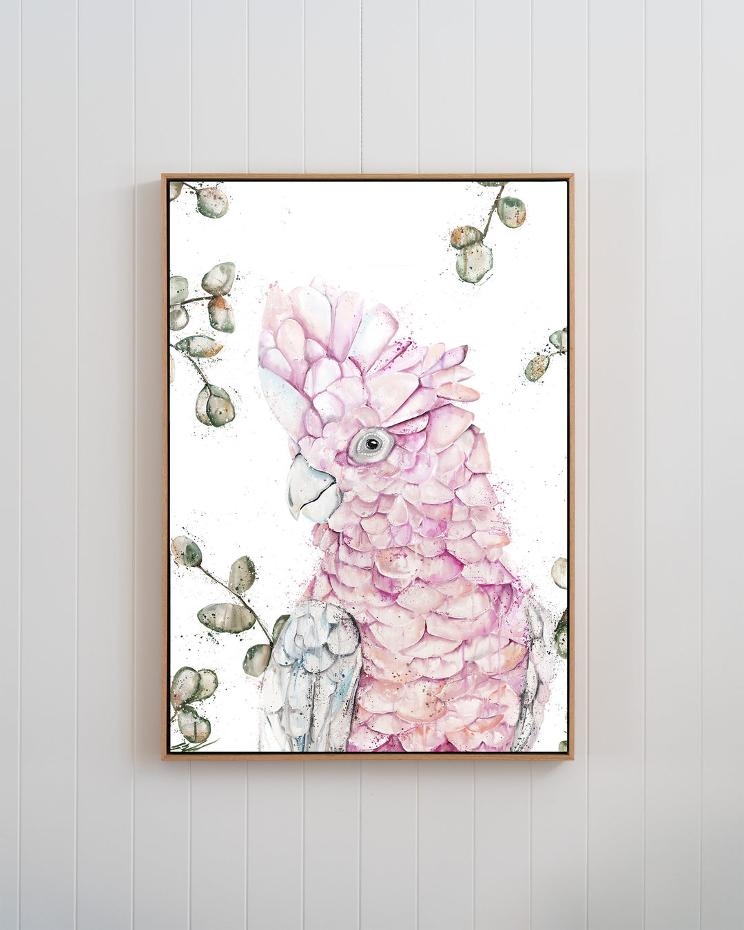 Coconut Ice pink galah fine art print by Stephanie Elizabeth, framed canvas in an oak frame