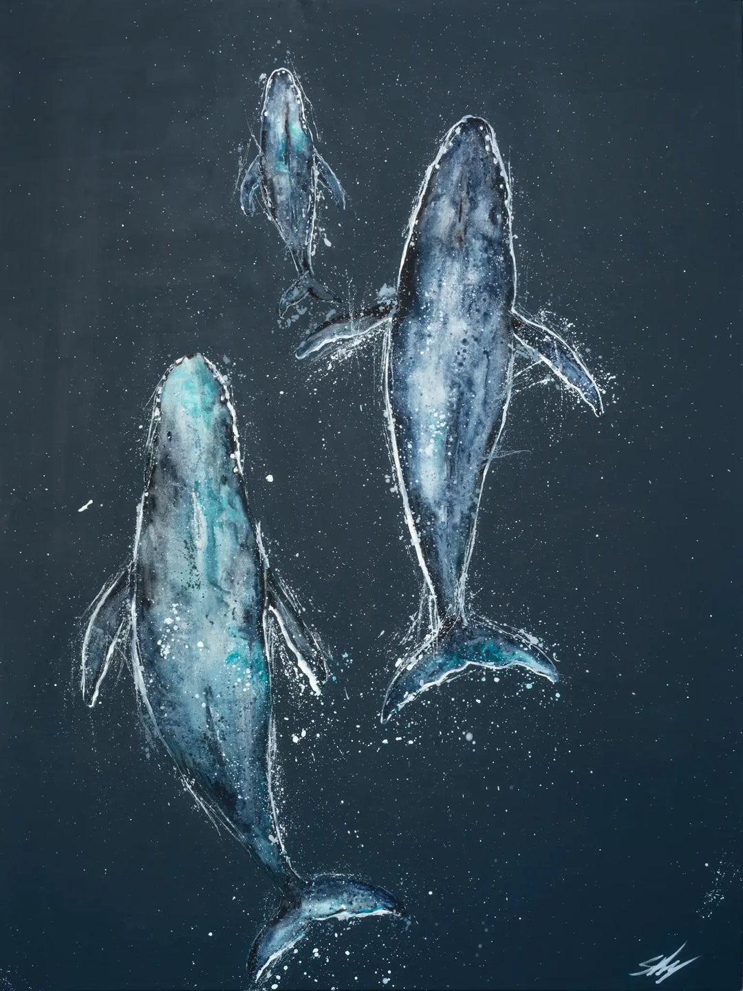 Constellation – Original acrylic artwork of a whale family set against a dark ocean-inspired background with celestial mood and texture.