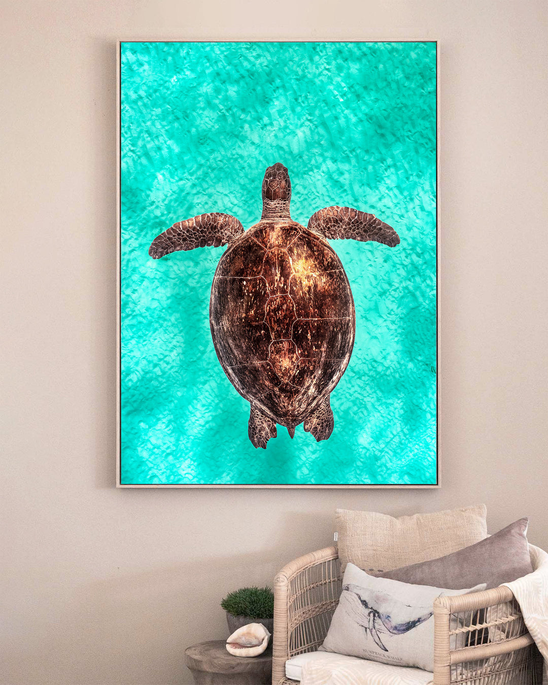 Copper Glow – Green Sea Turtle, Underwater Photography by David Lloyd, framed canvas print in oak float frame, styled in a sitting room setting