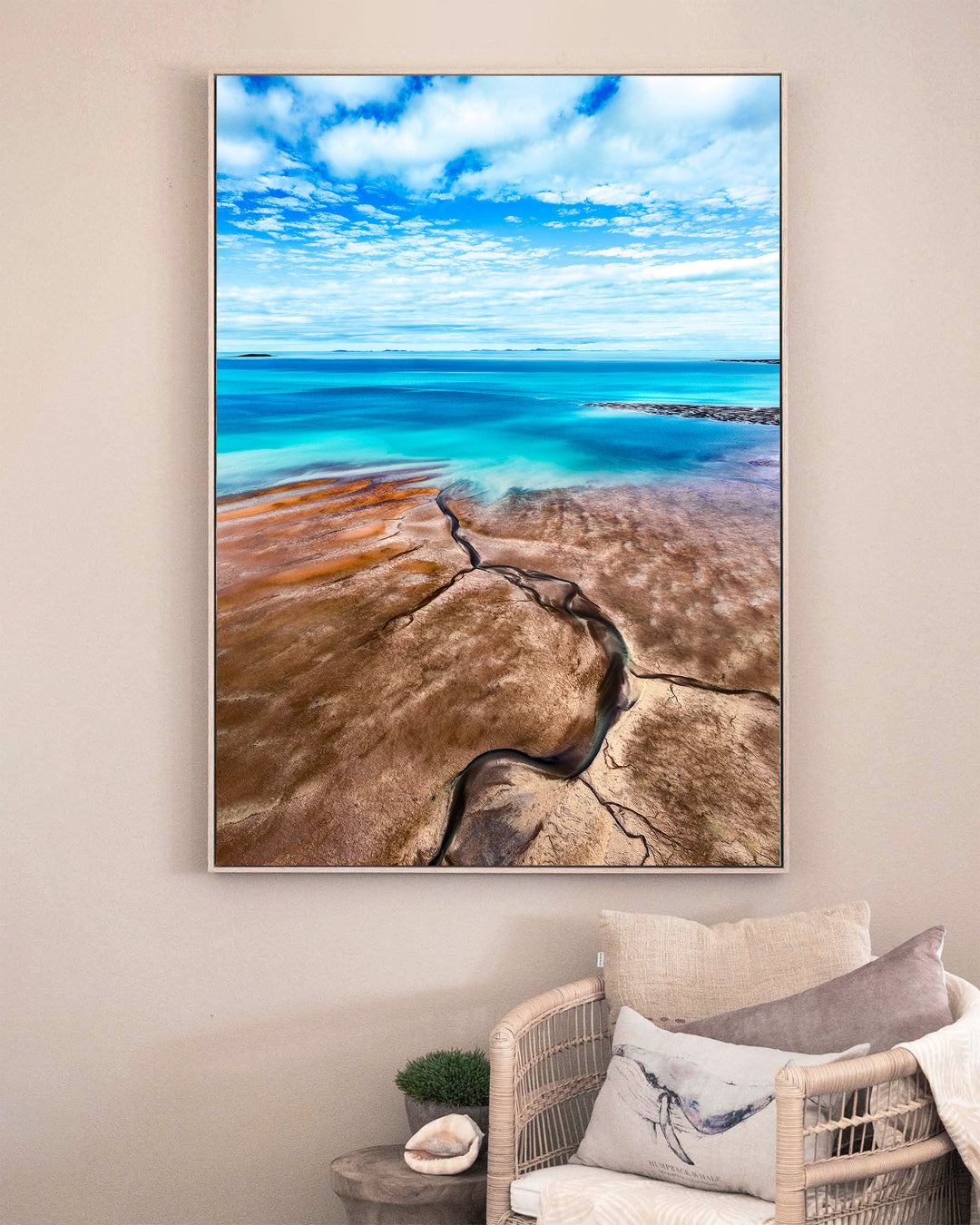 Cracks in the Ocean – Ocean Art, Aerial Photography by David Lloyd, framed canvas print in oak float frame, styled in a sitting room setting