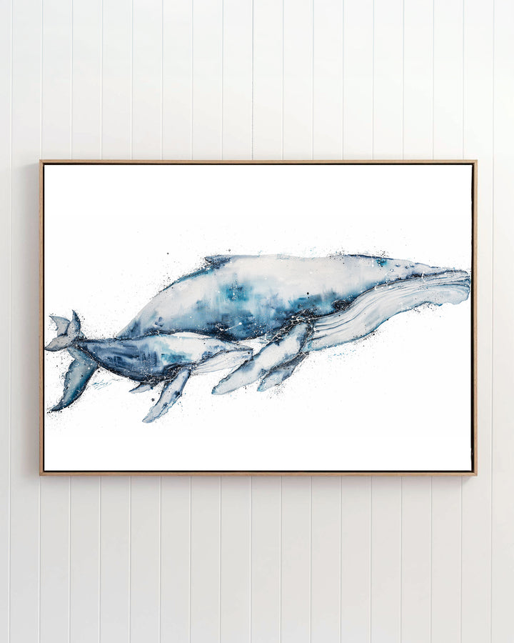 Crazy Love humpback whales fine art print by Stephanie Elizabeth, framed canvas in an oak frame