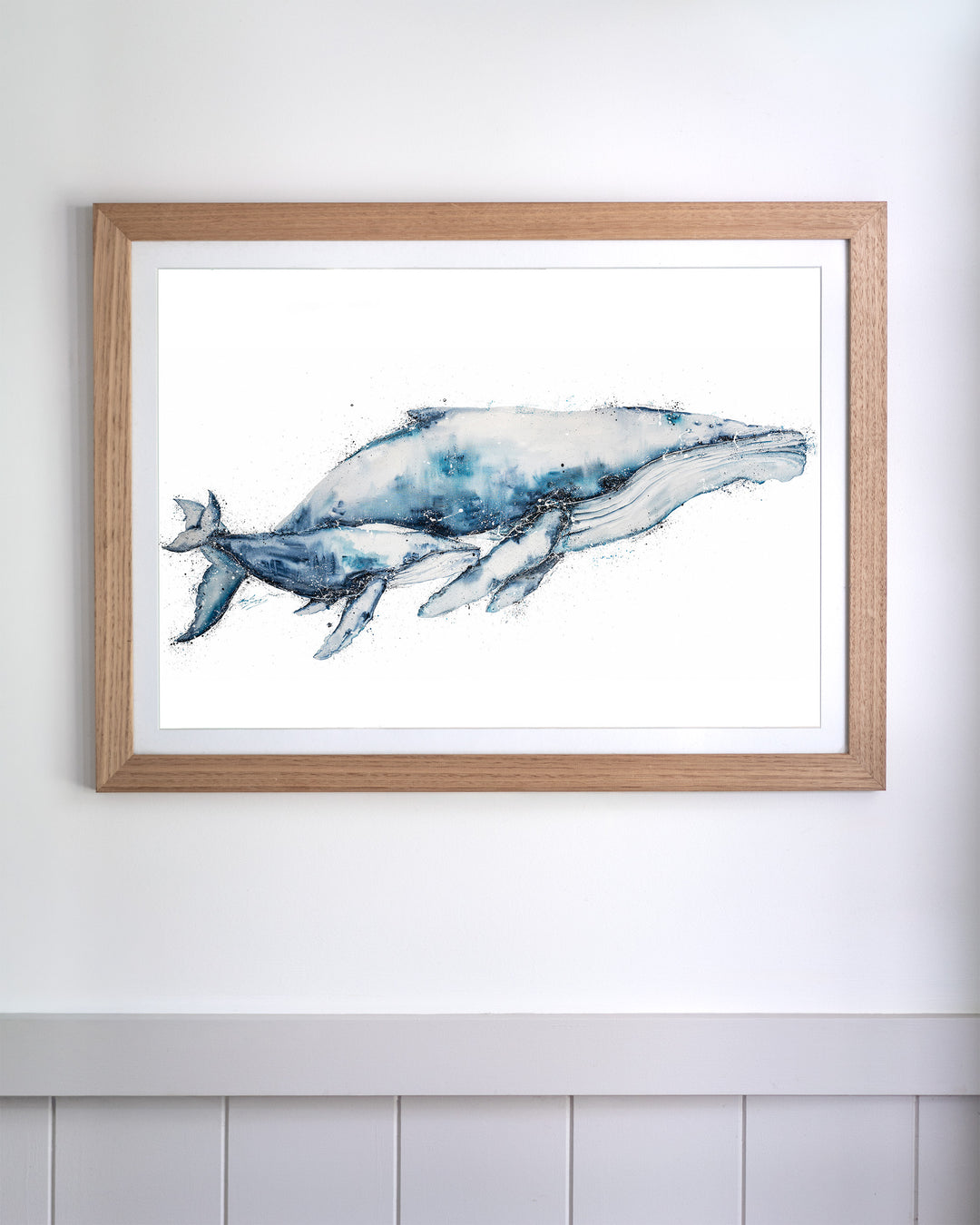 Crazy Love humpback whales fine art print by Stephanie Elizabeth, framed paper print in an oak frame