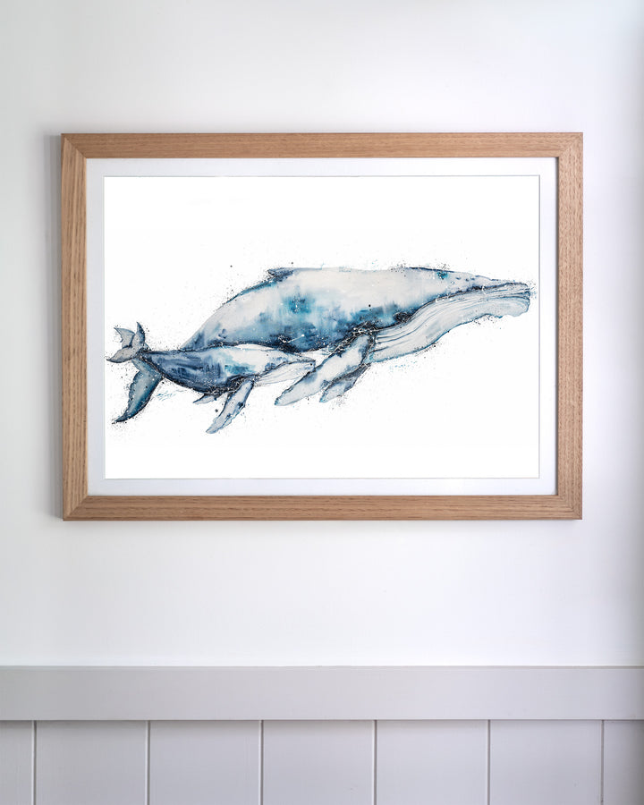 Crazy Love humpback whales fine art print by Stephanie Elizabeth, framed paper print in an oak frame