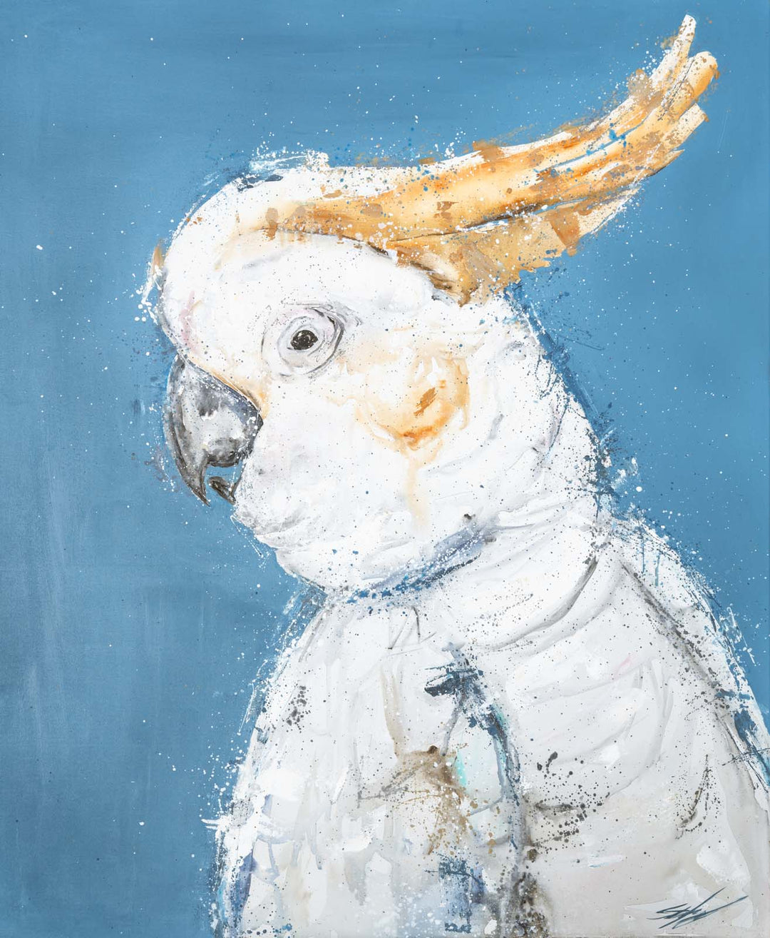 Crested Fiesta – Close-up detail of Sulphur-Crested Cockatoo acrylic artwork on poly-cotton canvas, vibrant colours | Unframed Rolled Print