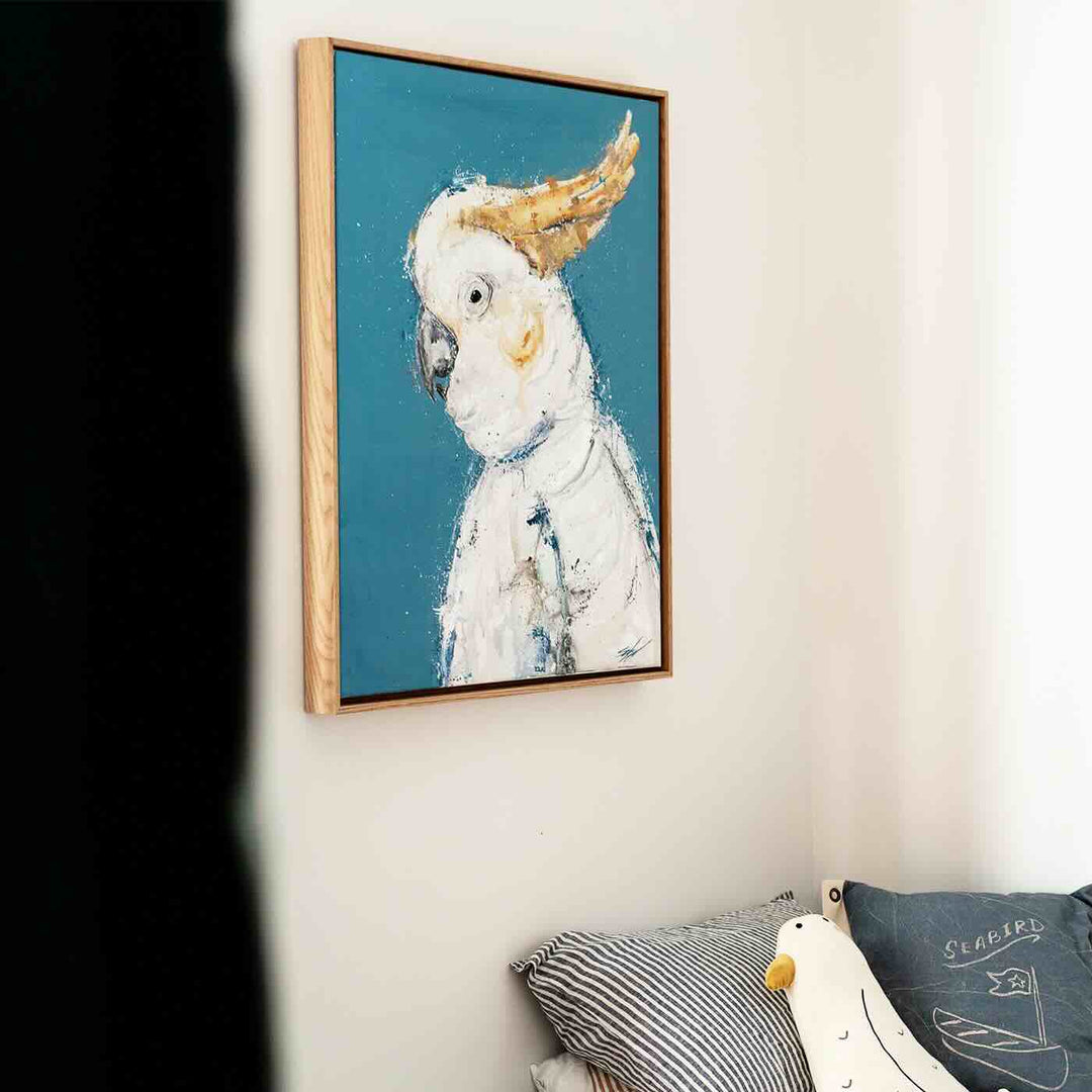 Vibrant portrait of a sulphur-crested cockatoo with bold brushstrokes and festive colour splashes by Stephanie Elizabeth