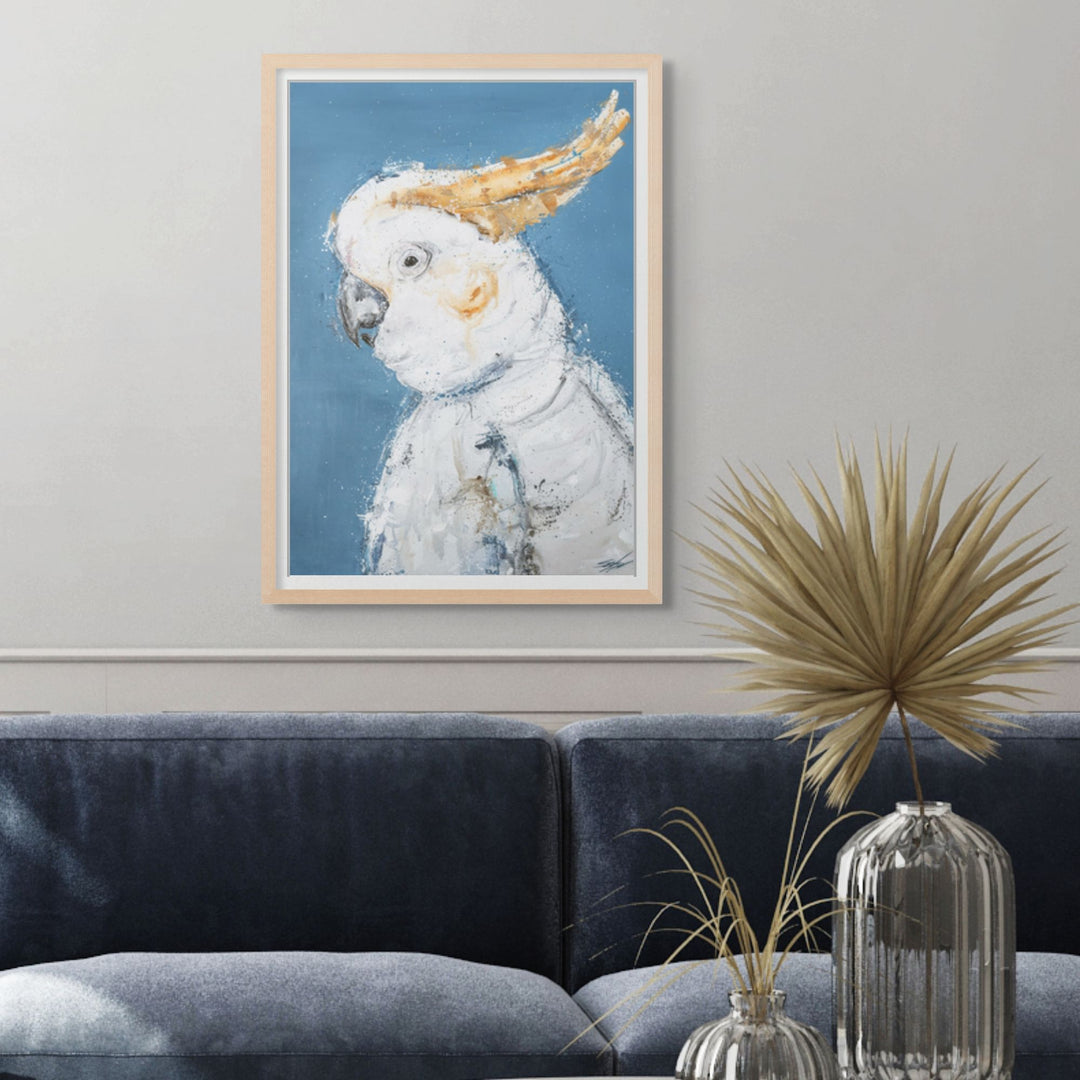 Crested Fiesta by Stephanie Elizabeth – framed paper print of vibrant sulphur-crested cockatoos in lively celebration