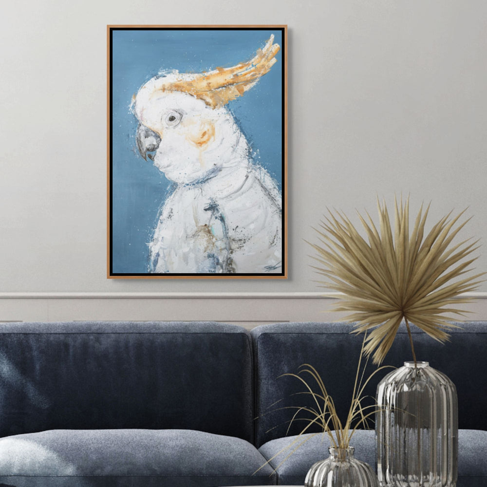 Crested Fiesta by Stephanie Elizabeth – shadow box canvas print of cockatoos partying in foliage, Australian fine art print