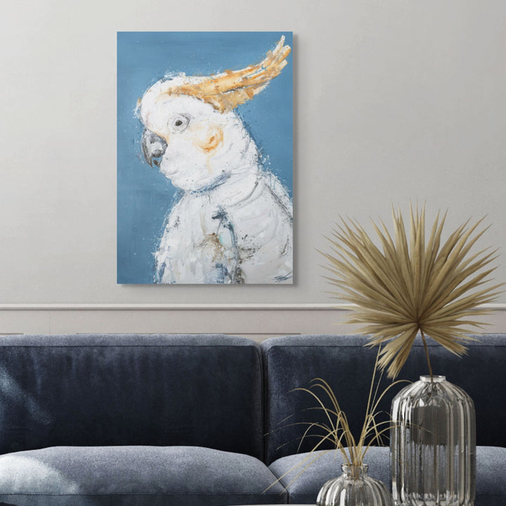 Crested Fiesta by Stephanie Elizabeth – stretched canvas print of colourful cockatoos in motion, fine art bird artwork