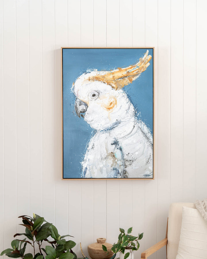 Crested Fiesta – white cockatoo, framed canvas in oak float frame, styled in a hallway