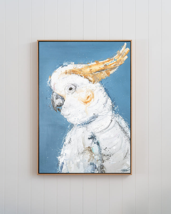 Crested Fiesta – white cockatoo, framed canvas in oak float frame