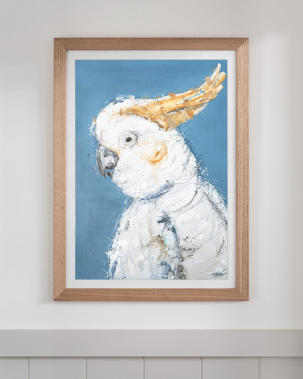 Crested Fiesta – white cockatoo, framed paper print in oak frame