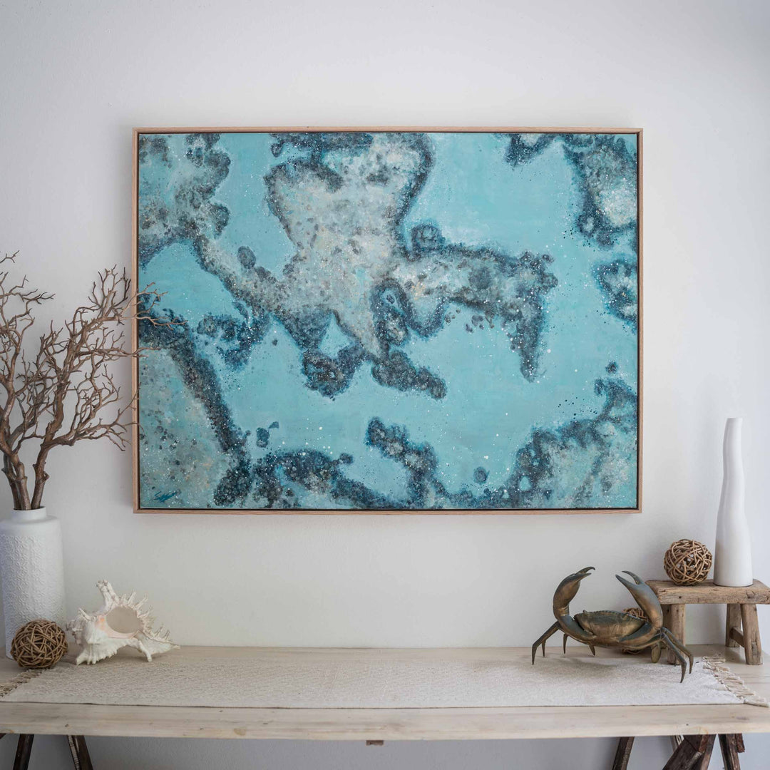 Diving Into You – blue reefscape artwork viewed from above with layered ocean tones styled in light coastal interior | Original Artwork