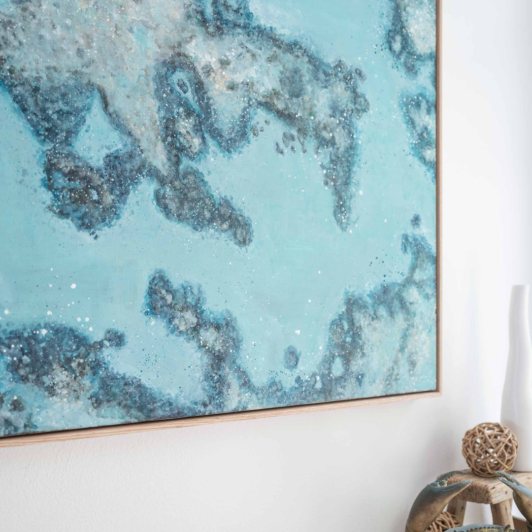 Diving Into You – close-up detail of reef texture and layered blue water movement in immersive ocean artwork by Stephanie Elizabeth | Original Artwork