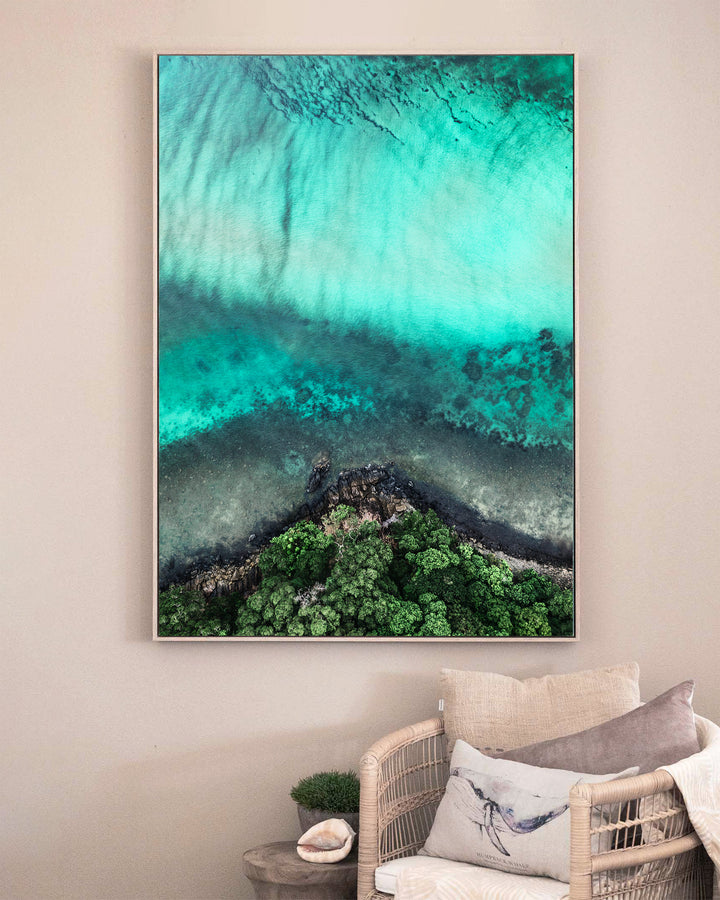 Don’t Dream It’s Over – Cape Tribulation, Aerial Photography by David Lloyd, framed canvas print in oak float frame, styled in a sitting room setting
