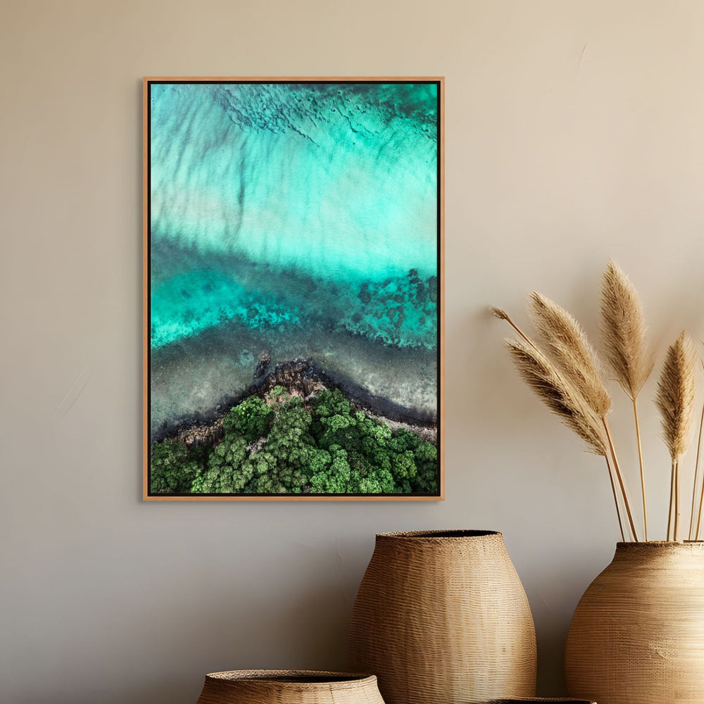 Don’t Dream It’s Over – Aerial view of Cape Tribulation with rainforest meeting turquoise ocean | Shadow Box Canvas Print by David Lloyd