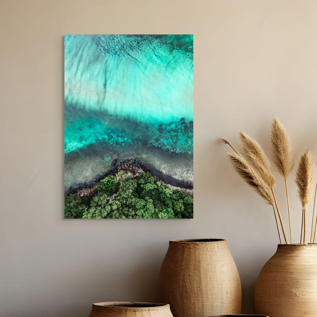 Don’t Dream It’s Over – Aerial view of Cape Tribulation with rainforest meeting turquoise ocean | Stretched Canvas Print by David Lloyd