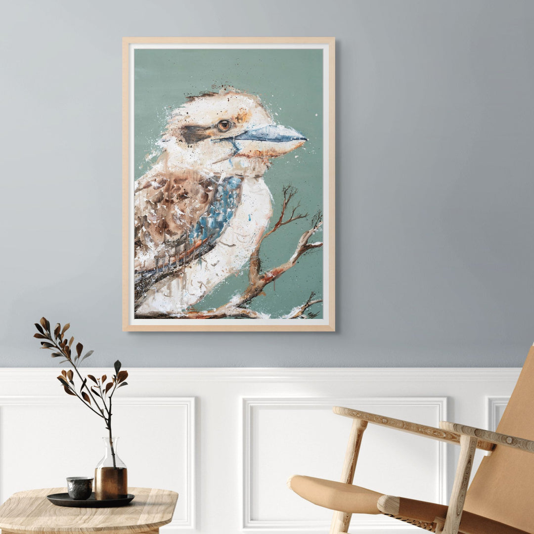 Early Bird by Stephanie Elizabeth – framed paper print of kingfisher poised with sharp focus and energy