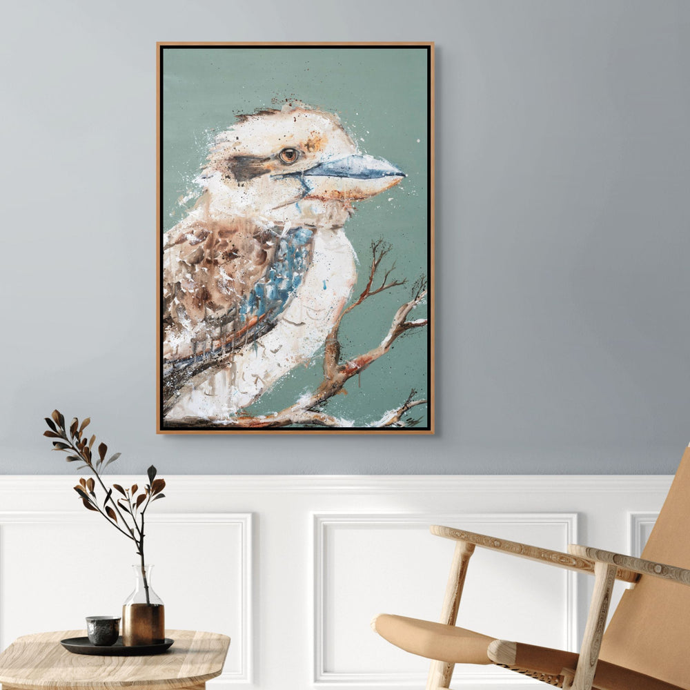 Early Bird by Stephanie Elizabeth – shadow box canvas print of energetic kingfisher, Australian bird fine art print

