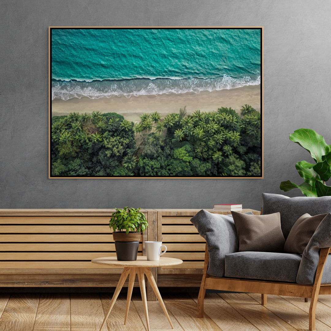 Emerald Tide – aerial photograph of Four Mile Beach coastline with tropical rainforest meeting turquoise ocean water | Shadow Box Canvas Print
