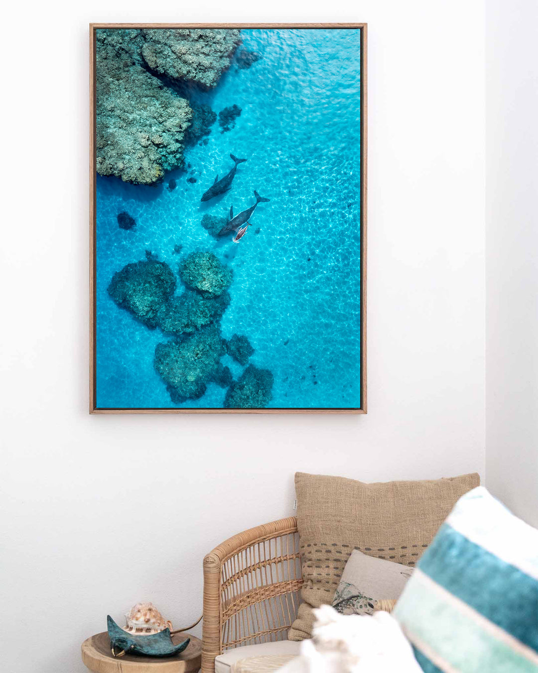 Escort in the Shallows – Humpback Whales, Aerial Photography by David Lloyd, framed canvas print in oak float frame, styled in a coastal lounge setting